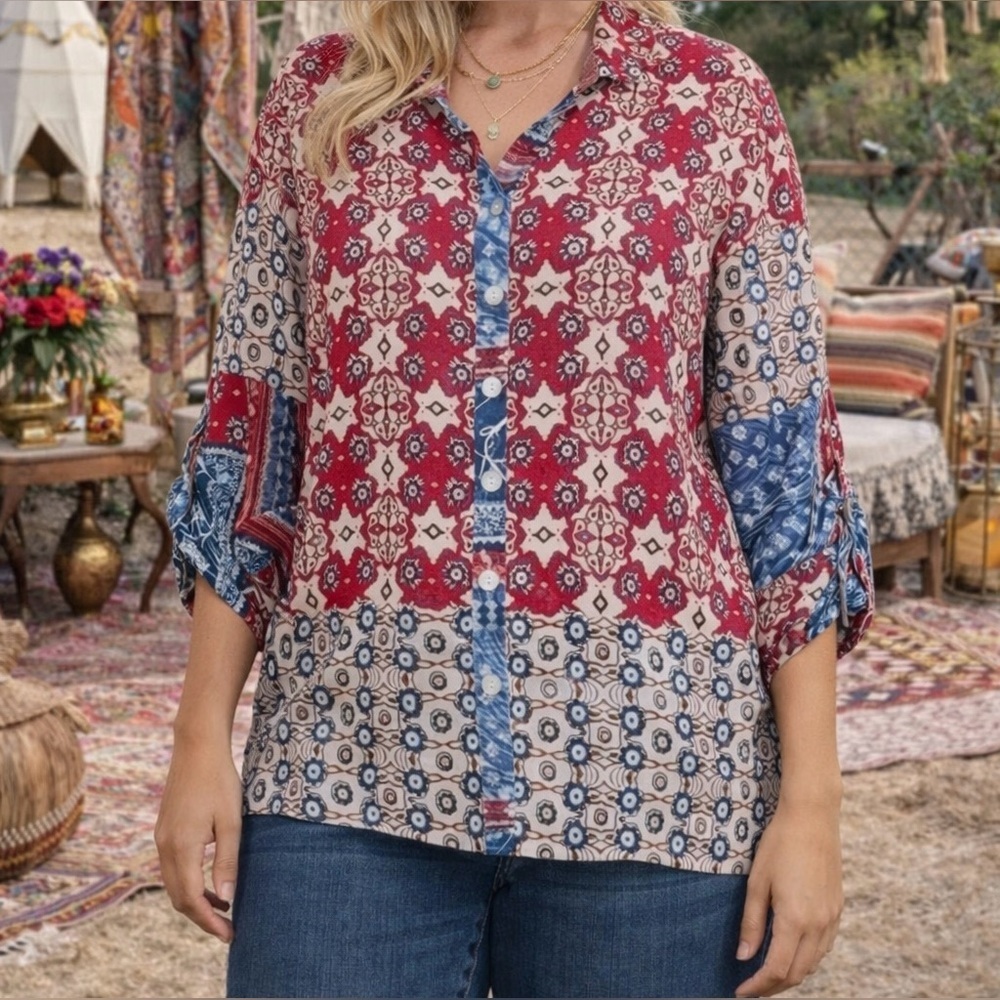 John Mark Women's Floral Red White Blue Top Boho Tunic 3/4 Sleeve Sz S NWT